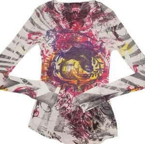 Y2k 90s Anama Top Size M Graffiti All Over Print Tattoo Waffle Thermal Shirt